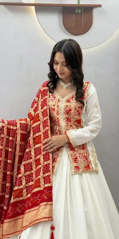 Trendy White Chinon Silk Thread Work Lehenga Choli