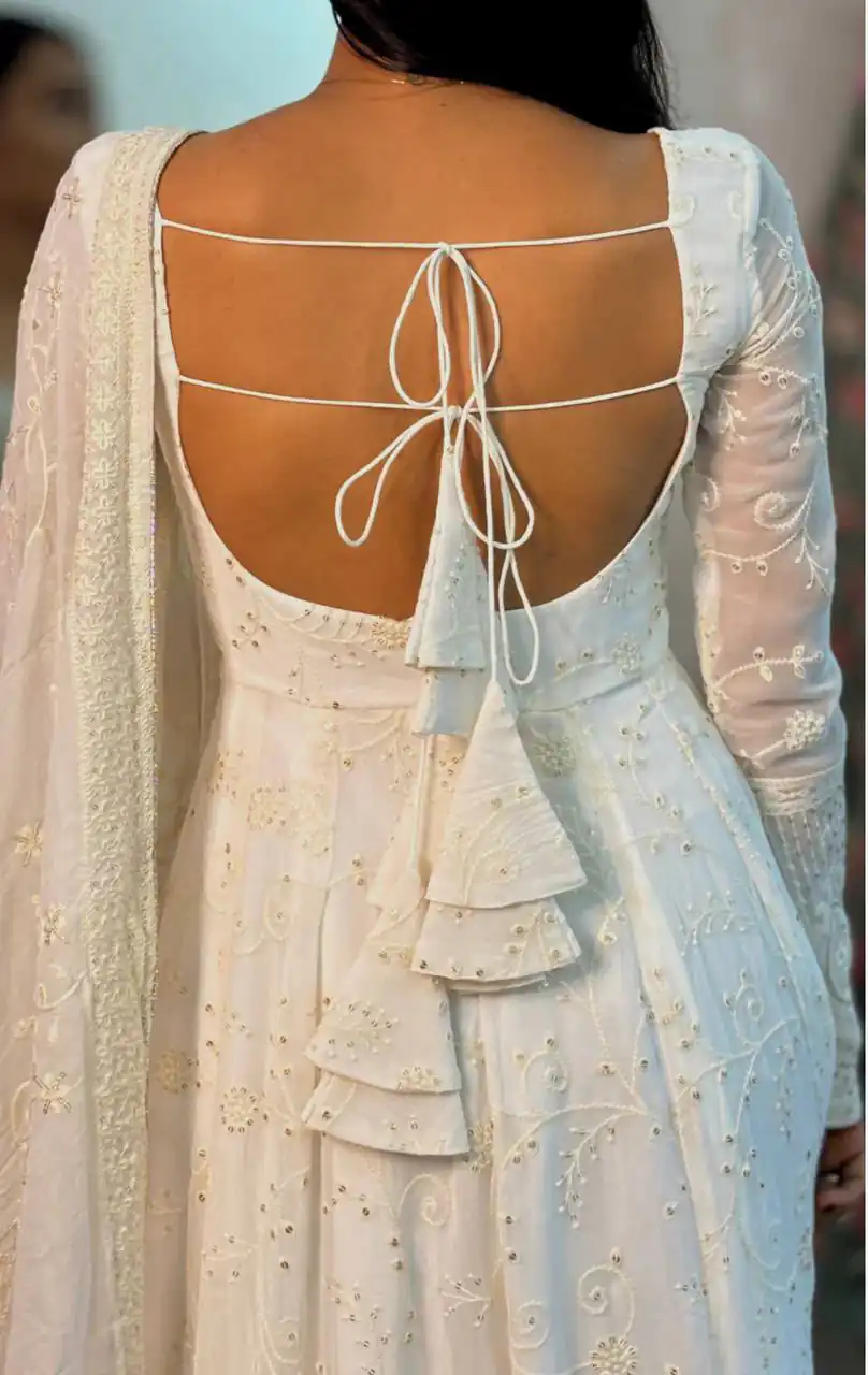Trendy White Slim Georgette Sequins Work Anarkali Suit - Image 6