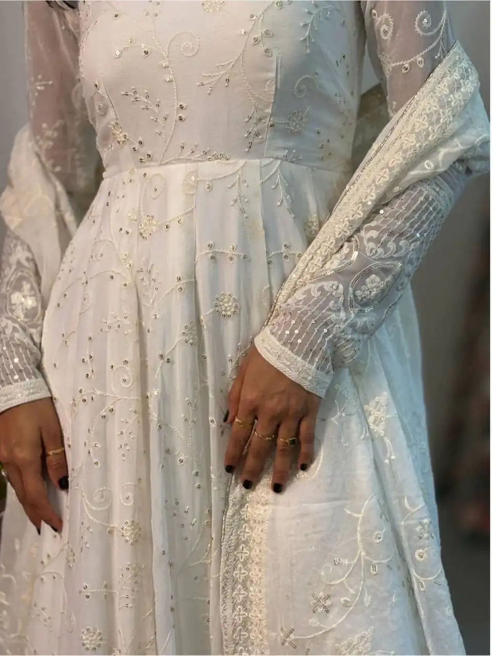 Trendy White Slim Georgette Sequins Work Anarkali Suit - Image 5