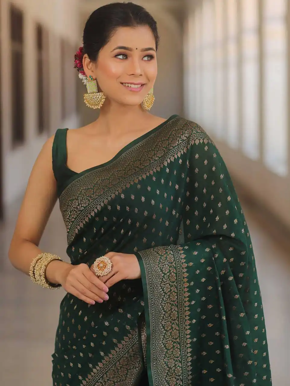 Unique Green Lichi Silk Jacquard Border Work Saree - Image 4