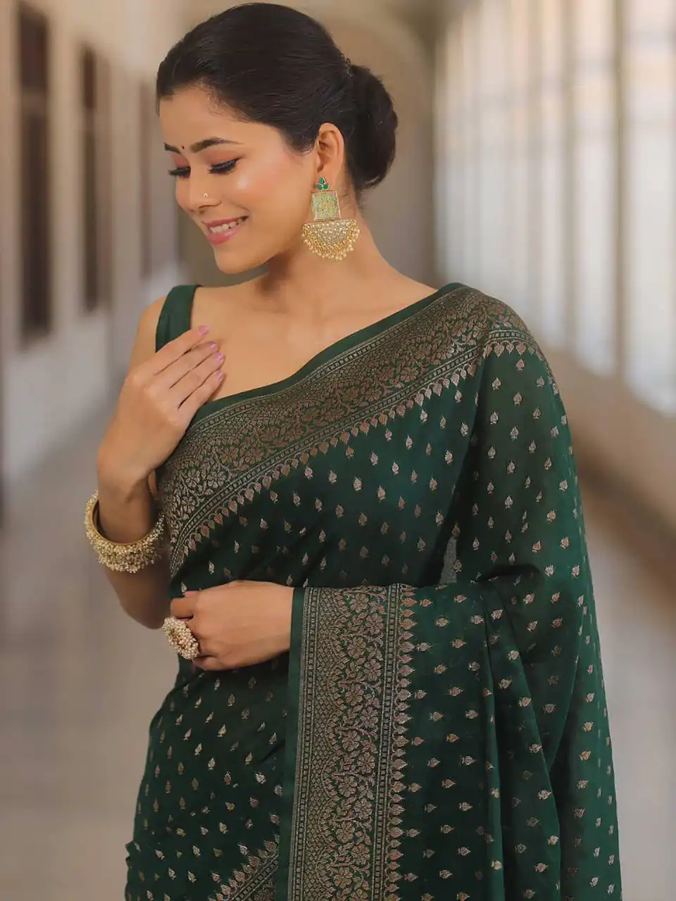 Unique Green Lichi Silk Jacquard Border Work Saree - Image 3