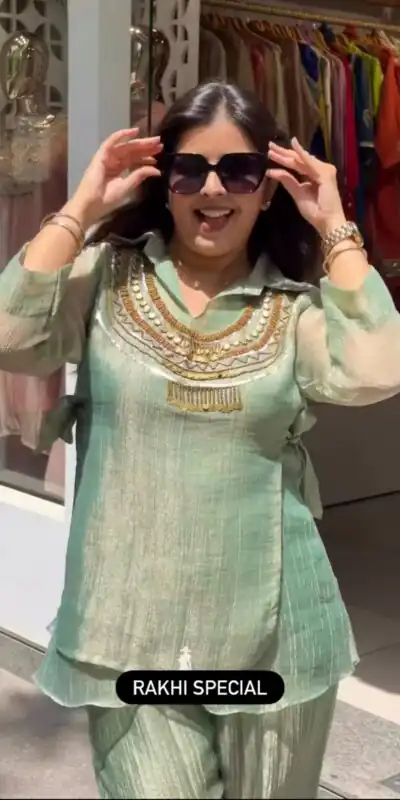 Alternative view of Unique Pista Salsa Crushed Hand Work Shrug Kurti