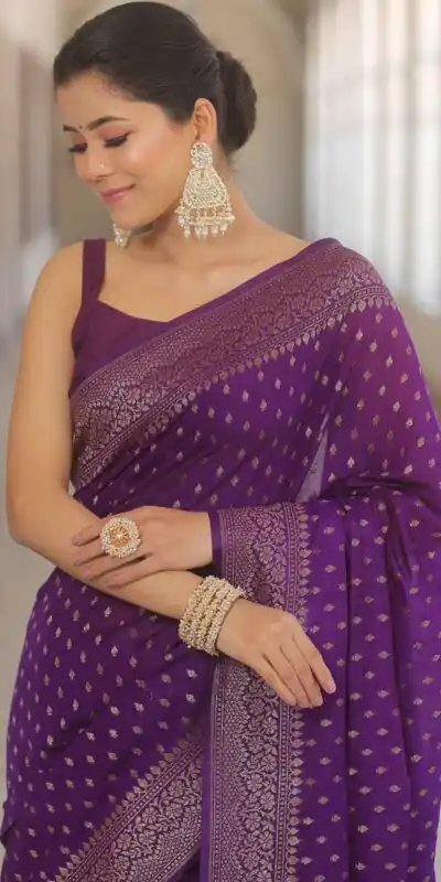 Alternative view of Unique Purple Lichi Silk Jacquard Border Work Saree