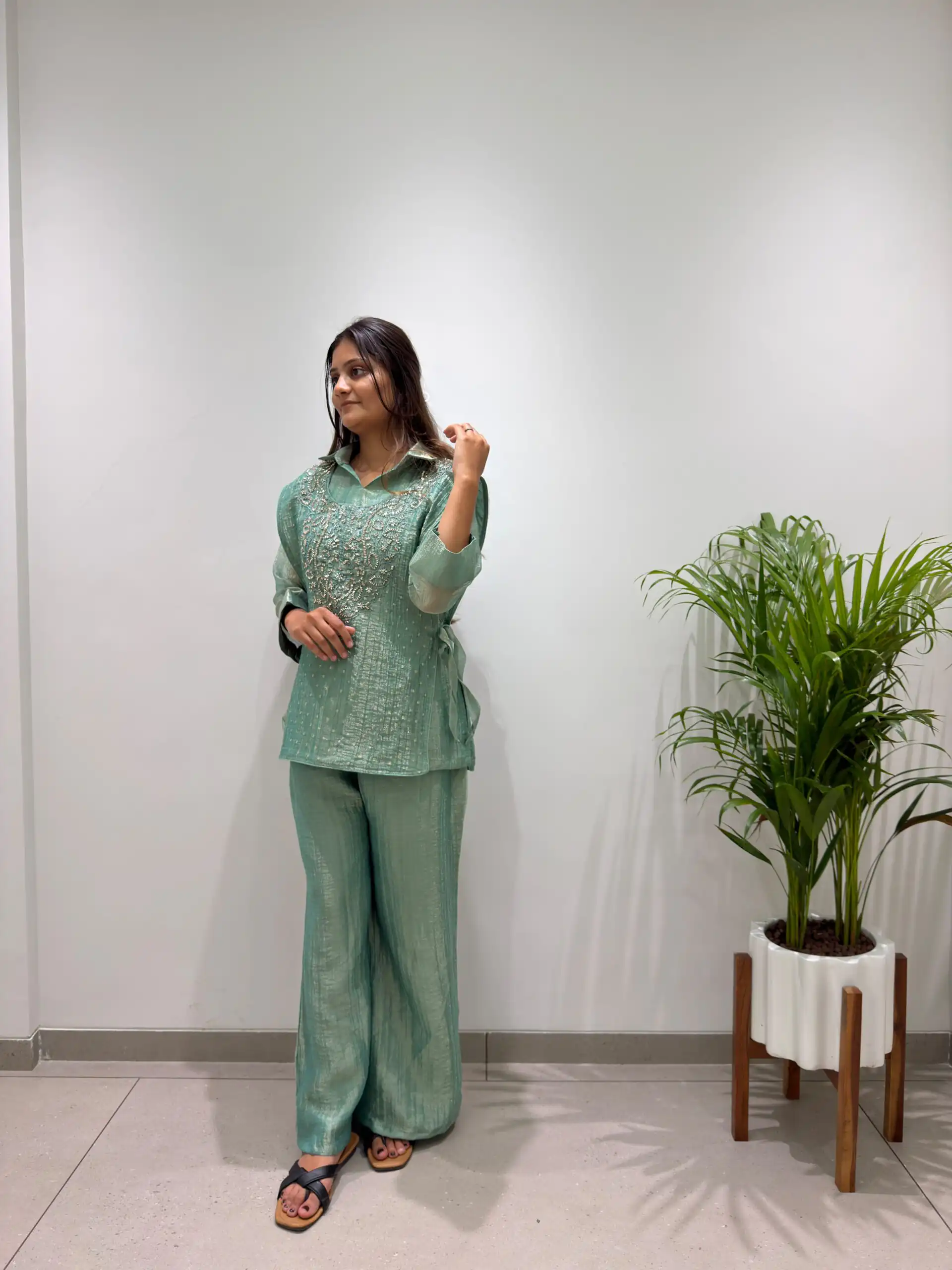 Unique Sea Green Salsa Silk Hand Work Kurti - Image 3