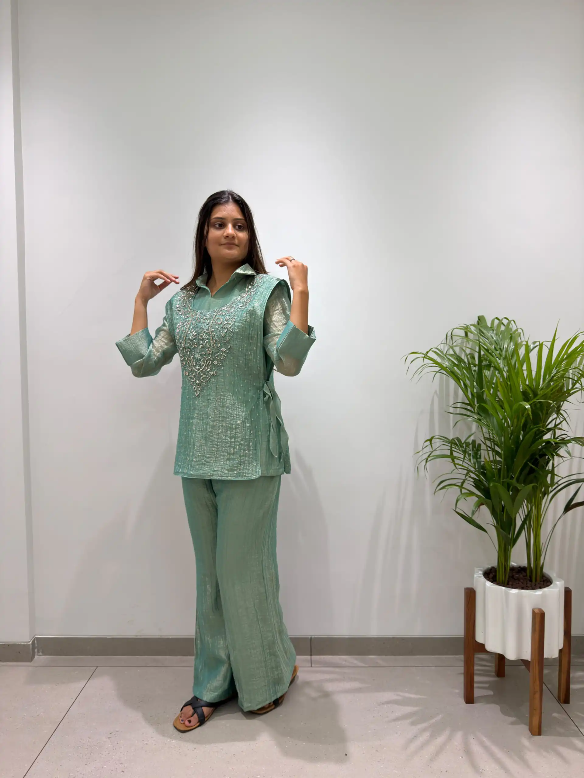 Unique Sea Green Salsa Silk Hand Work Kurti