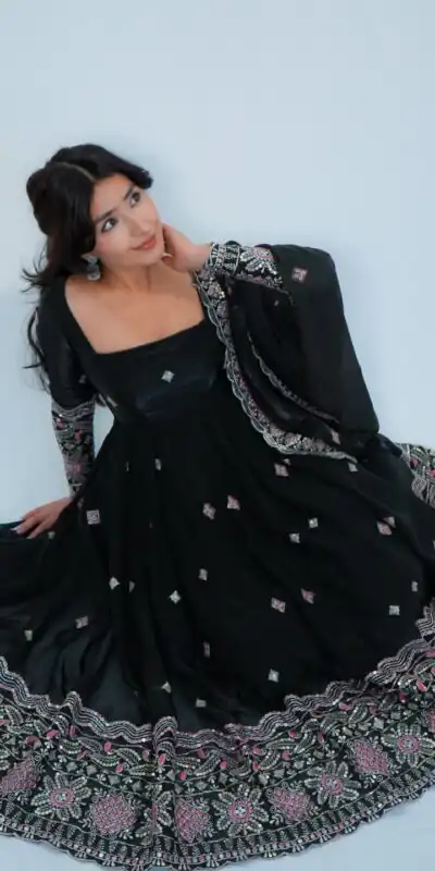 ST 1196 Black Color Fendy Satin Gown with Lace Work & Embroidery Work. Get it for ₹2699. Delivery 4-6 Working Days. Shop now. | Bollywood Gowns, Creative Gowns, Designer Gowns, Embroidered Gowns, Gowns, Party Wear Gowns, Salwar suit