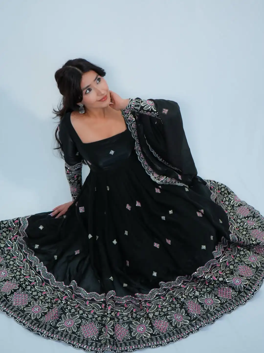 ST 1196 Black Color Fendy Satin Gown with Lace Work & Embroidery Work. Get it for ₹2699. Delivery 4-6 Working Days. Shop now. | Bollywood Gowns, Creative Gowns, Designer Gowns, Embroidered Gowns, Gowns, Party Wear Gowns, Salwar suit