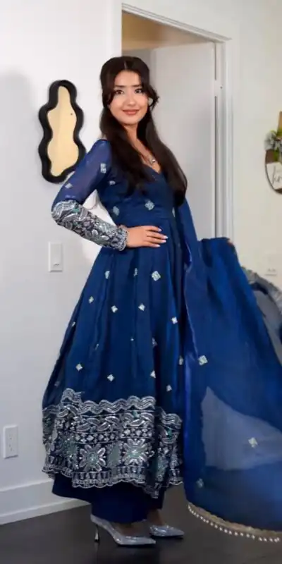 ST 1196 Blue Color Fendy Satin Gown with Lace Work & Embroidery Work. Get it for ₹2699. Delivery 4-6 Working Days. Shop now. | Bollywood Gowns, Creative Gowns, Designer Gowns, Embroidered Gowns, Gowns, Party Wear Gowns