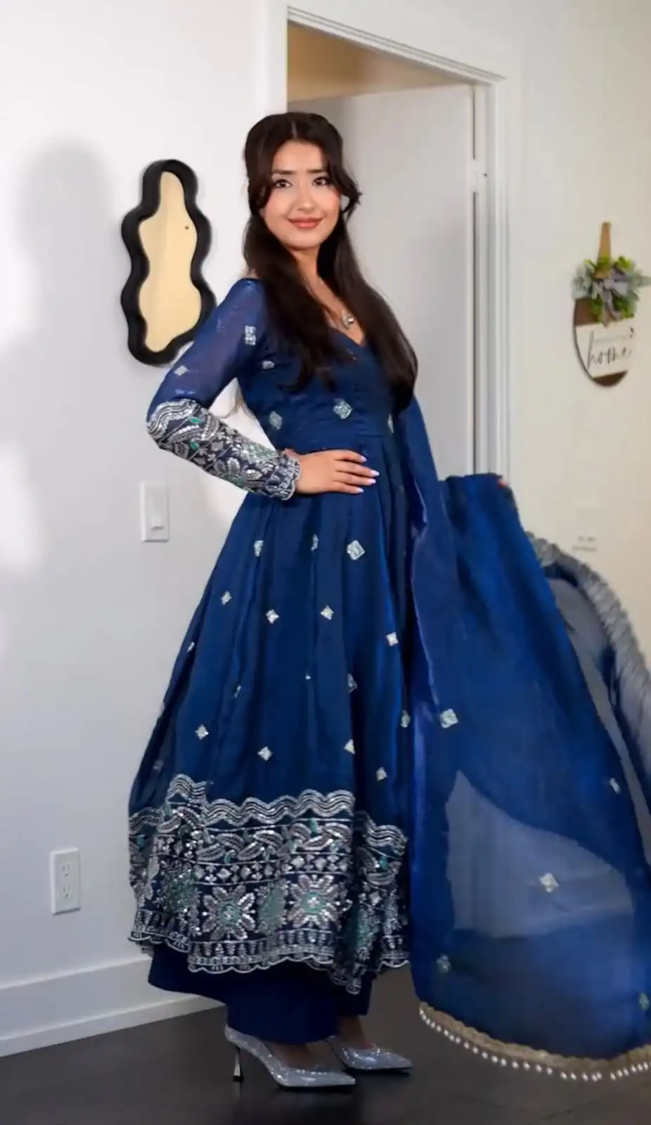 ST 1196 Blue Color Fendy Satin Gown with Lace Work & Embroidery Work. Get it for ₹2699. Delivery 4-6 Working Days. Shop now. | Bollywood Gowns, Creative Gowns, Designer Gowns, Embroidered Gowns, Gowns, Party Wear Gowns