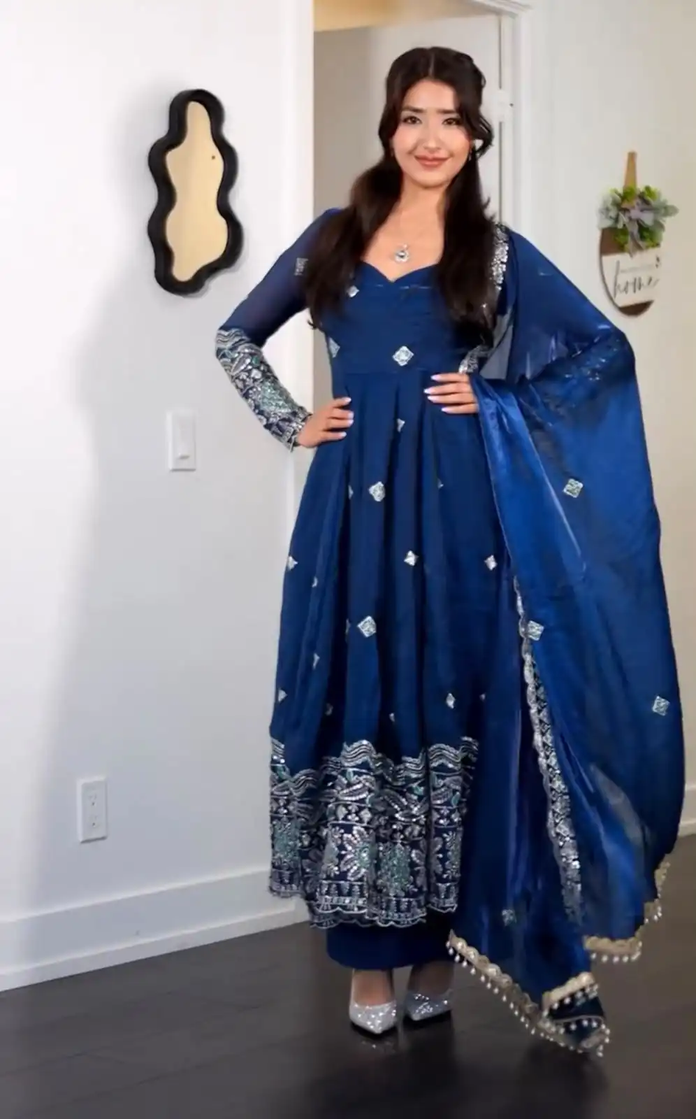 ST 1196 Blue Color Fendy Satin Gown with Lace Work & Embroidery Work. Get it for ₹2699. Delivery 4-6 Working Days. Shop now. | Bollywood Gowns, Creative Gowns, Designer Gowns, Embroidered Gowns, Gowns, Party Wear Gowns