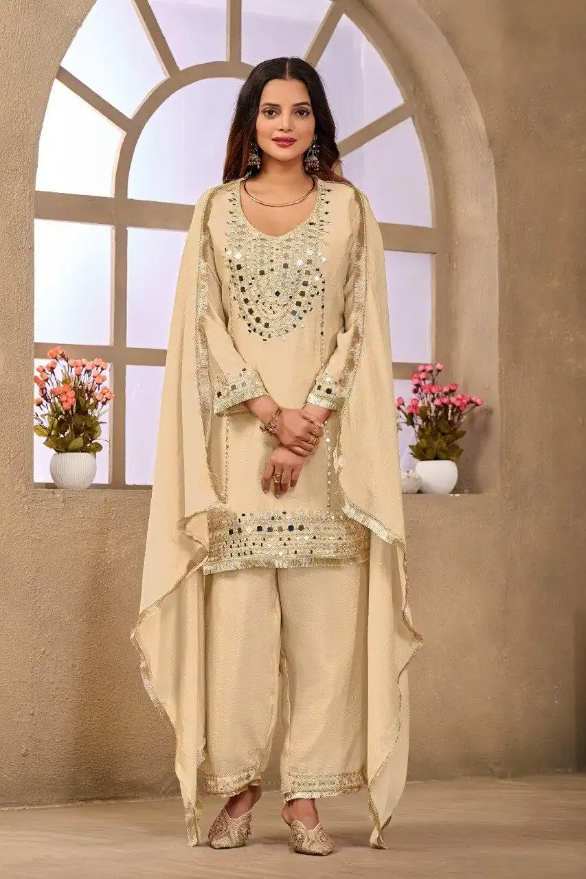 FC 102 Cream Chinon Silk Salwar Suit Perfect for Wedding, Party, Ganesh Chaturthi, Baby Shower, Makar Sankranti – . Affordable Price ₹2949. Delivery | Jump Suits, Straight Suits, Casual Suits, Creative suits, Designer Suits, Palazzo Suits, Party Wear Suits, Patiala Suits, Salwar suit