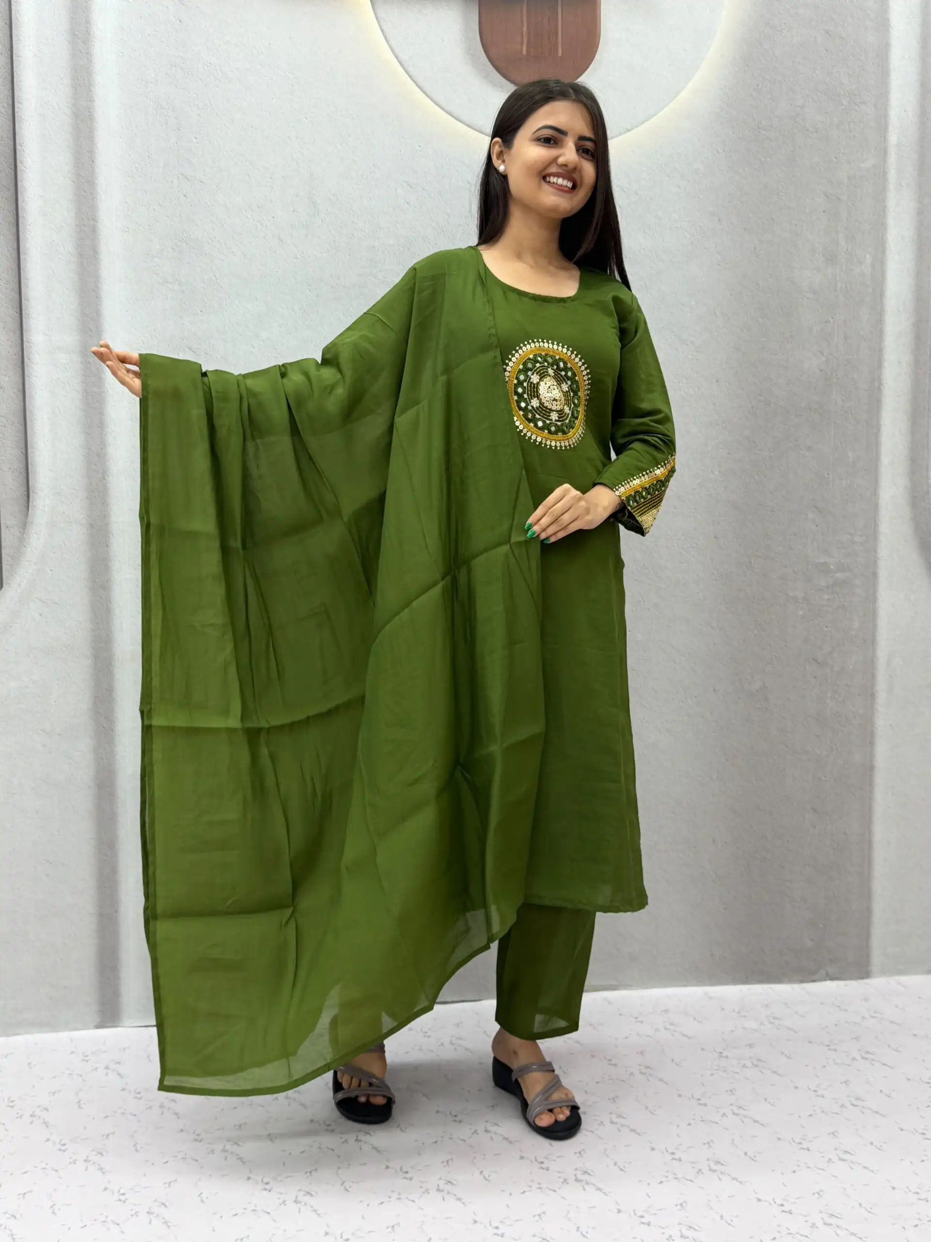 PC 598 Green Roman Silk Salwar Suit with Sequins Work & Embroidery Work. Available at ₹2099 only. Delivery 4-6 Working Days. Shop now. | Jump Suits, Straight Suits, Casual Suits, Creative suits, Designer Suits, Palazzo Suits, Party Wear Suits, Patiala Suits, Salwar suit