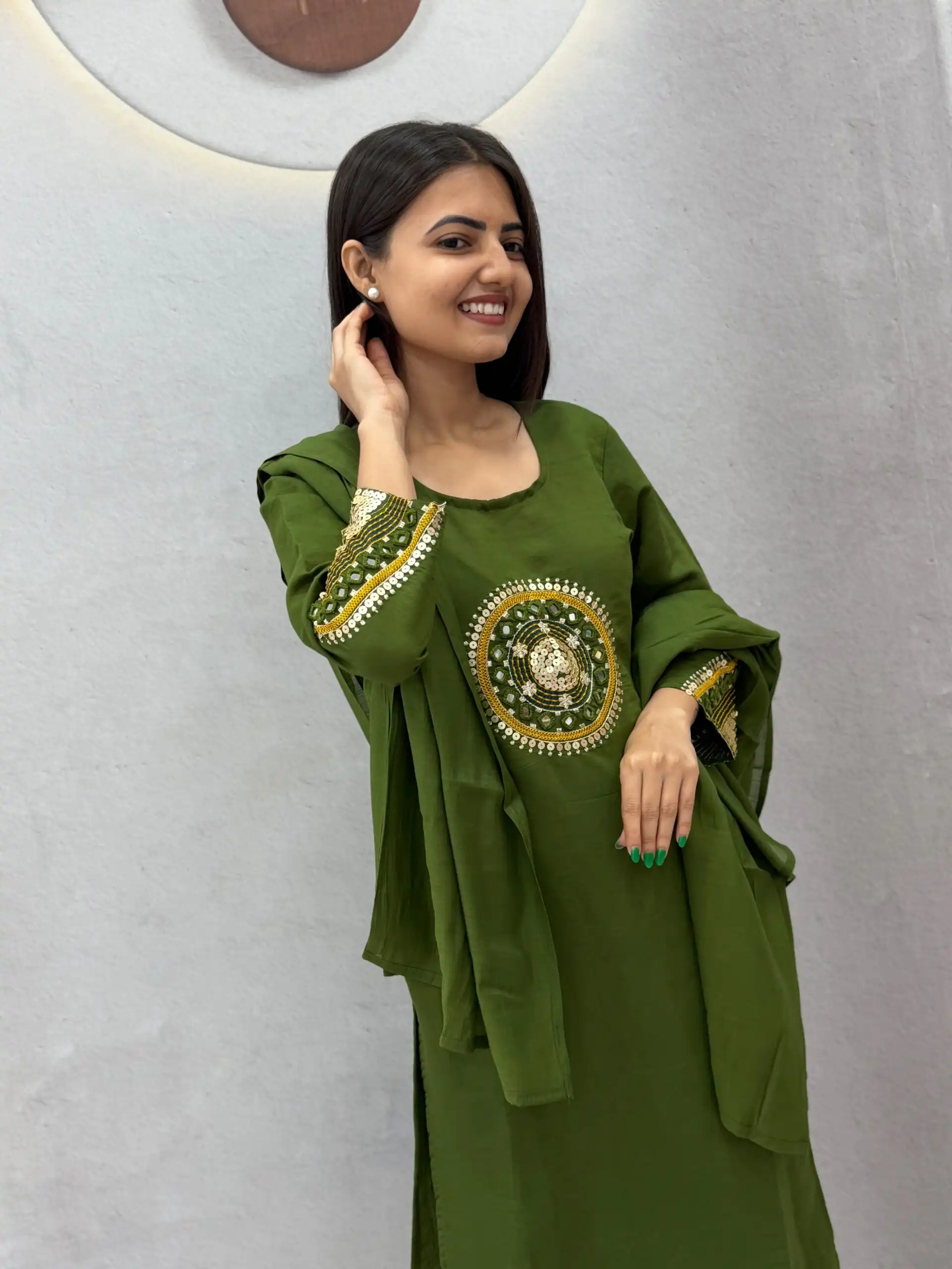 PC 598 Green Roman Silk Salwar Suit with Sequins Work & Embroidery Work. Available at ₹2099 only. Delivery 4-6 Working Days. Shop now. | Jump Suits, Straight Suits, Casual Suits, Creative suits, Designer Suits, Palazzo Suits, Party Wear Suits, Patiala Suits, Salwar suit