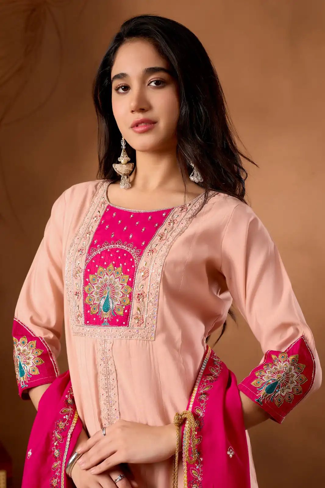 DIVA 150 Peach Roman Silk Salwar Suit with Sequins Work & Embroidery Work. Available at ₹2449 only. Delivery 4-6 Working Days. Shop now. | Jump Suits, Straight Suits, Casual Suits, Creative suits, Designer Suits, Palazzo Suits, Party Wear Suits, Patiala Suits, Salwar suit