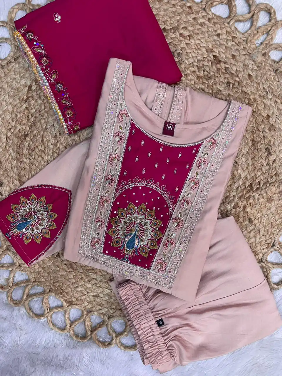 DIVA 150 Peach Roman Silk Salwar Suit with Sequins Work & Embroidery Work. Available at ₹2449 only. Delivery 4-6 Working Days. Shop now. | Jump Suits, Straight Suits, Casual Suits, Creative suits, Designer Suits, Palazzo Suits, Party Wear Suits, Patiala Suits, Salwar suit