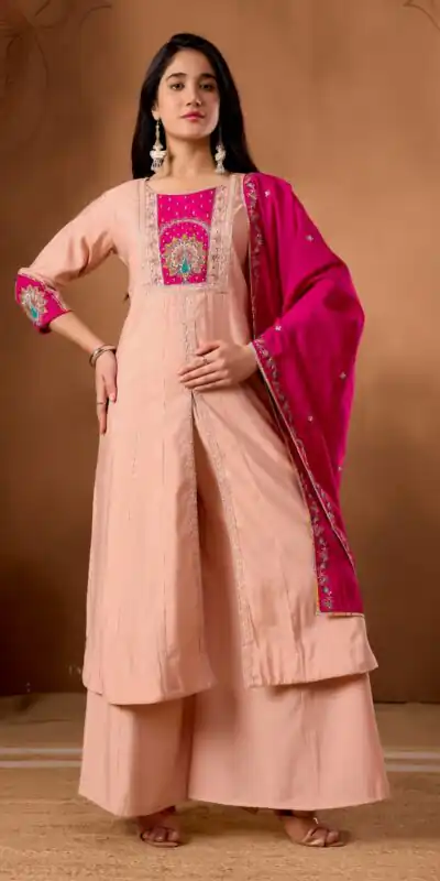 DIVA 150 Peach Roman Silk Salwar Suit with Sequins Work & Embroidery Work. Available at ₹2449 only. Delivery 4-6 Working Days. Shop now. | Jump Suits, Straight Suits, Casual Suits, Creative suits, Designer Suits, Palazzo Suits, Party Wear Suits, Patiala Suits, Salwar suit