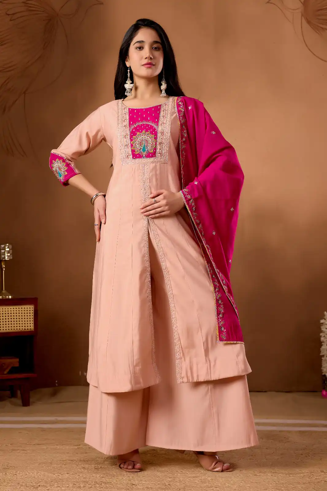 DIVA 150 Peach Roman Silk Salwar Suit with Sequins Work & Embroidery Work. Available at ₹2449 only. Delivery 4-6 Working Days. Shop now. | Jump Suits, Straight Suits, Casual Suits, Creative suits, Designer Suits, Palazzo Suits, Party Wear Suits, Patiala Suits, Salwar suit