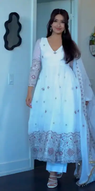 ST 1196 White Color Fendy Satin Gown with Lace Work & Embroidery Work. Get it for ₹2699. Delivery 4-6 Working Days. Shop now. | Bollywood Gowns, Creative Gowns, Designer Gowns, Embroidered Gowns, Gowns, Party Wear Gowns