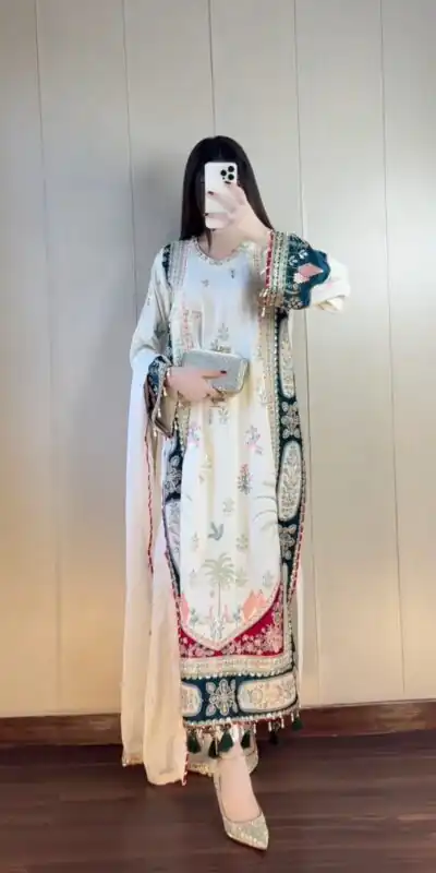 LG 2141 White Star Silk Salwar Suit with Embroidery Work & Sequins Work. Festive Deal ₹2999. Delivery 4-6 Working Days. Shop now. | Jump Suits, Straight Suits, Casual Suits, Creative suits, Designer Suits, Palazzo Suits, Party Wear Suits, Patiala Suits, Salwar suit