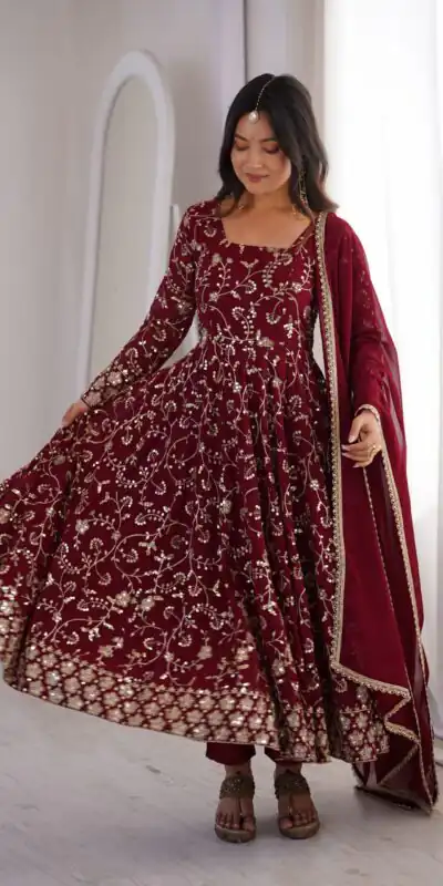 ZF 5024 Maroon Fox Perfect for Wedding, Party, Durga Puja, Diwali, Anniversary –Georgette Gown. Now at just ₹2399. Delivery 4-6 Working Days. Shop now. | Bollywood Gowns, Creative Gowns, Designer Gowns, Embroidered Gowns, Gowns, Party Wear Gowns
