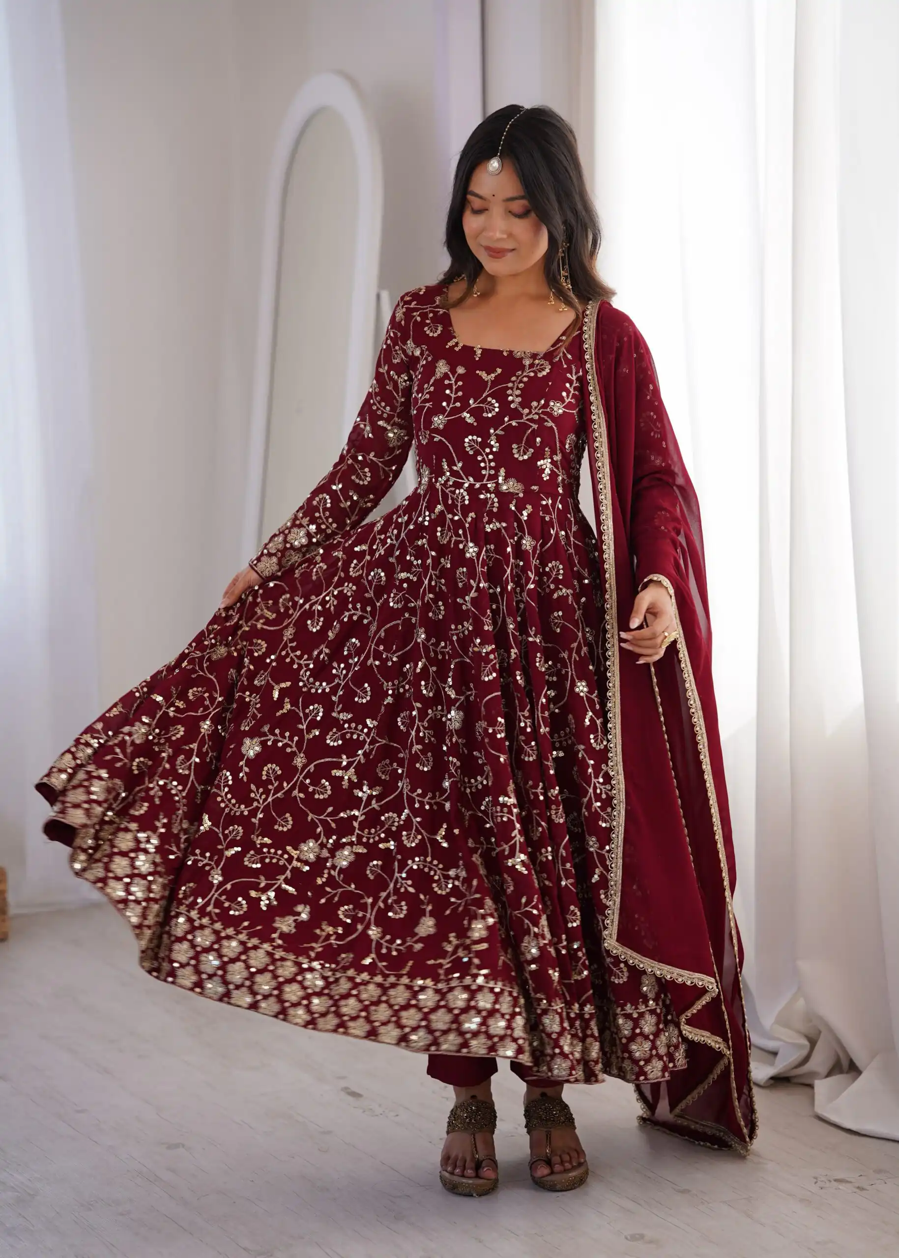 ZF 5024 Maroon Fox Perfect for Wedding, Party, Durga Puja, Diwali, Anniversary –Georgette Gown. Now at just ₹2399. Delivery 4-6 Working Days. Shop now. | Bollywood Gowns, Creative Gowns, Designer Gowns, Embroidered Gowns, Gowns, Party Wear Gowns