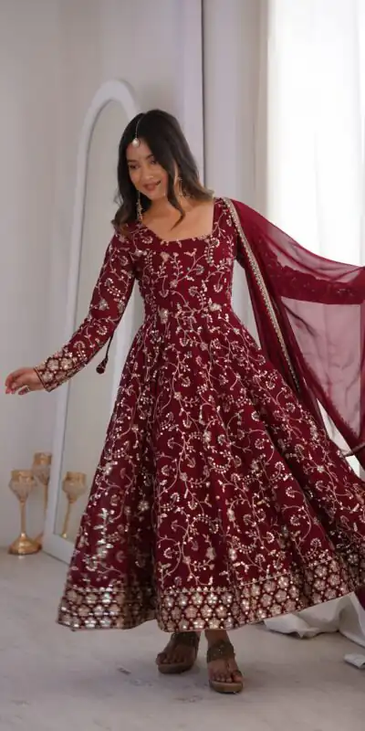 ZF 5024 Maroon Fox Perfect for Wedding, Party, Durga Puja, Diwali, Anniversary –Georgette Gown. Now at just ₹2399. Delivery 4-6 Working Days. Shop now. | Bollywood Gowns, Creative Gowns, Designer Gowns, Embroidered Gowns, Gowns, Party Wear Gowns