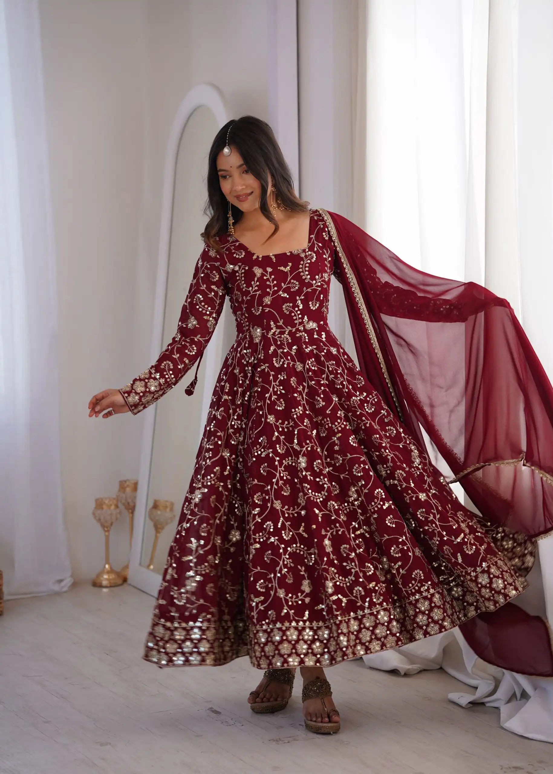 ZF 5024 Maroon Fox Perfect for Wedding, Party, Durga Puja, Diwali, Anniversary –Georgette Gown. Now at just ₹2399. Delivery 4-6 Working Days. Shop now. | Bollywood Gowns, Creative Gowns, Designer Gowns, Embroidered Gowns, Gowns, Party Wear Gowns