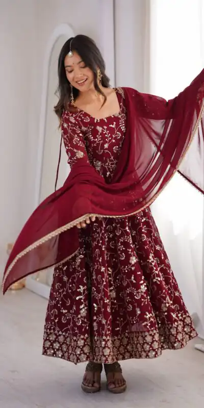 ZF 5024 Maroon Fox Perfect for Wedding, Party, Durga Puja, Diwali, Anniversary –Georgette Gown. Now at just ₹2399. Delivery 4-6 Working Days. Shop now. | Bollywood Gowns, Creative Gowns, Designer Gowns, Embroidered Gowns, Gowns, Party Wear Gowns