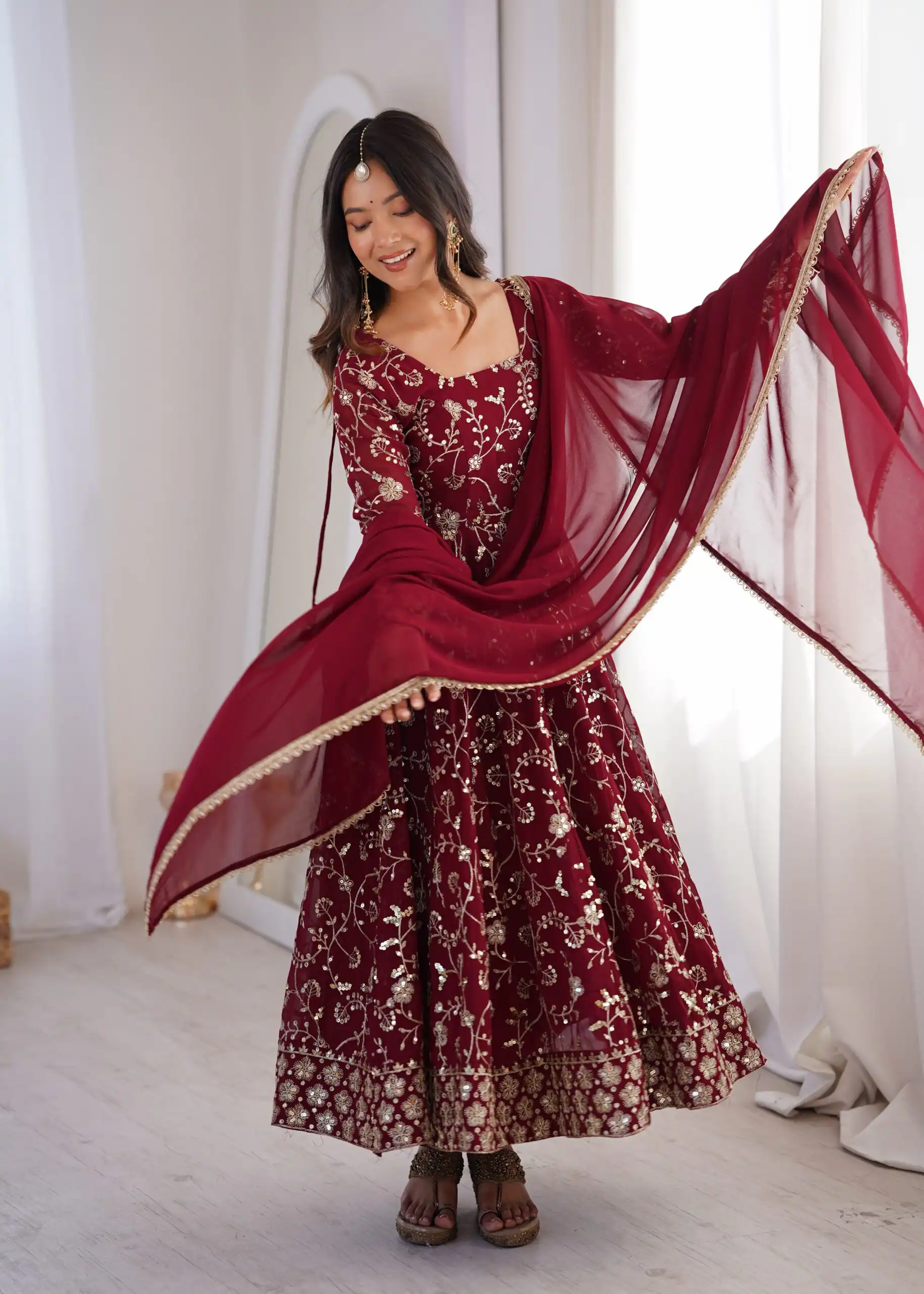 ZF 5024 Maroon Fox Perfect for Wedding, Party, Durga Puja, Diwali, Anniversary –Georgette Gown. Now at just ₹2399. Delivery 4-6 Working Days. Shop now. | Bollywood Gowns, Creative Gowns, Designer Gowns, Embroidered Gowns, Gowns, Party Wear Gowns