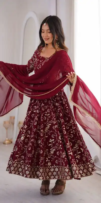 ZF 5024 Maroon Fox Perfect for Wedding, Party, Durga Puja, Diwali, Anniversary –Georgette Gown. Now at just ₹2399. Delivery 4-6 Working Days. Shop now. | Bollywood Gowns, Creative Gowns, Designer Gowns, Embroidered Gowns, Gowns, Party Wear Gowns