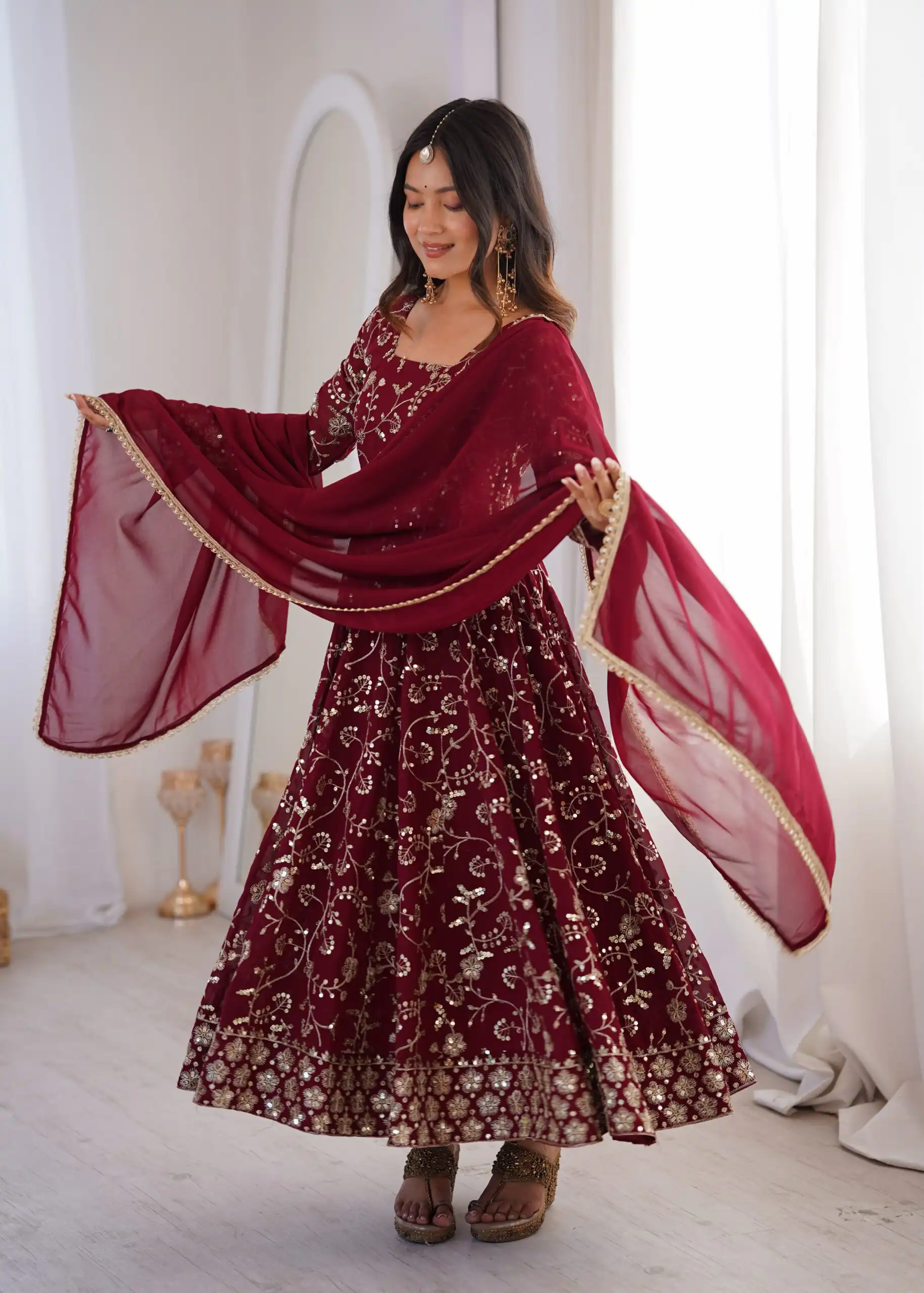 ZF 5024 Maroon Fox Perfect for Wedding, Party, Durga Puja, Diwali, Anniversary –Georgette Gown. Now at just ₹2399. Delivery 4-6 Working Days. Shop now. | Bollywood Gowns, Creative Gowns, Designer Gowns, Embroidered Gowns, Gowns, Party Wear Gowns