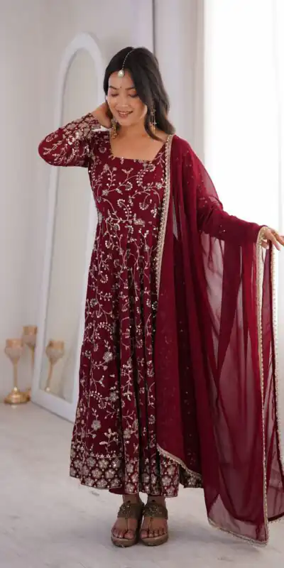 ZF 5024 Maroon Fox Perfect for Wedding, Party, Durga Puja, Diwali, Anniversary –Georgette Gown. Now at just ₹2399. Delivery 4-6 Working Days. Shop now. | Bollywood Gowns, Creative Gowns, Designer Gowns, Embroidered Gowns, Gowns, Party Wear Gowns