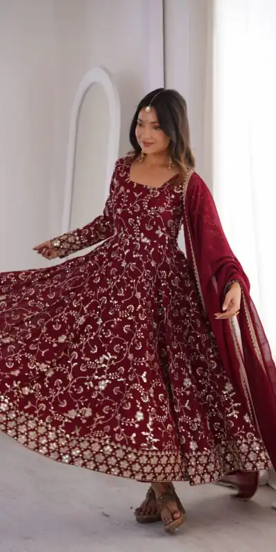 ZF 5024 Maroon Fox Perfect for Wedding, Party, Durga Puja, Diwali, Anniversary –Georgette Gown. Now at just ₹2399. Delivery 4-6 Working Days. Shop now. | Bollywood Gowns, Creative Gowns, Designer Gowns, Embroidered Gowns, Gowns, Party Wear Gowns