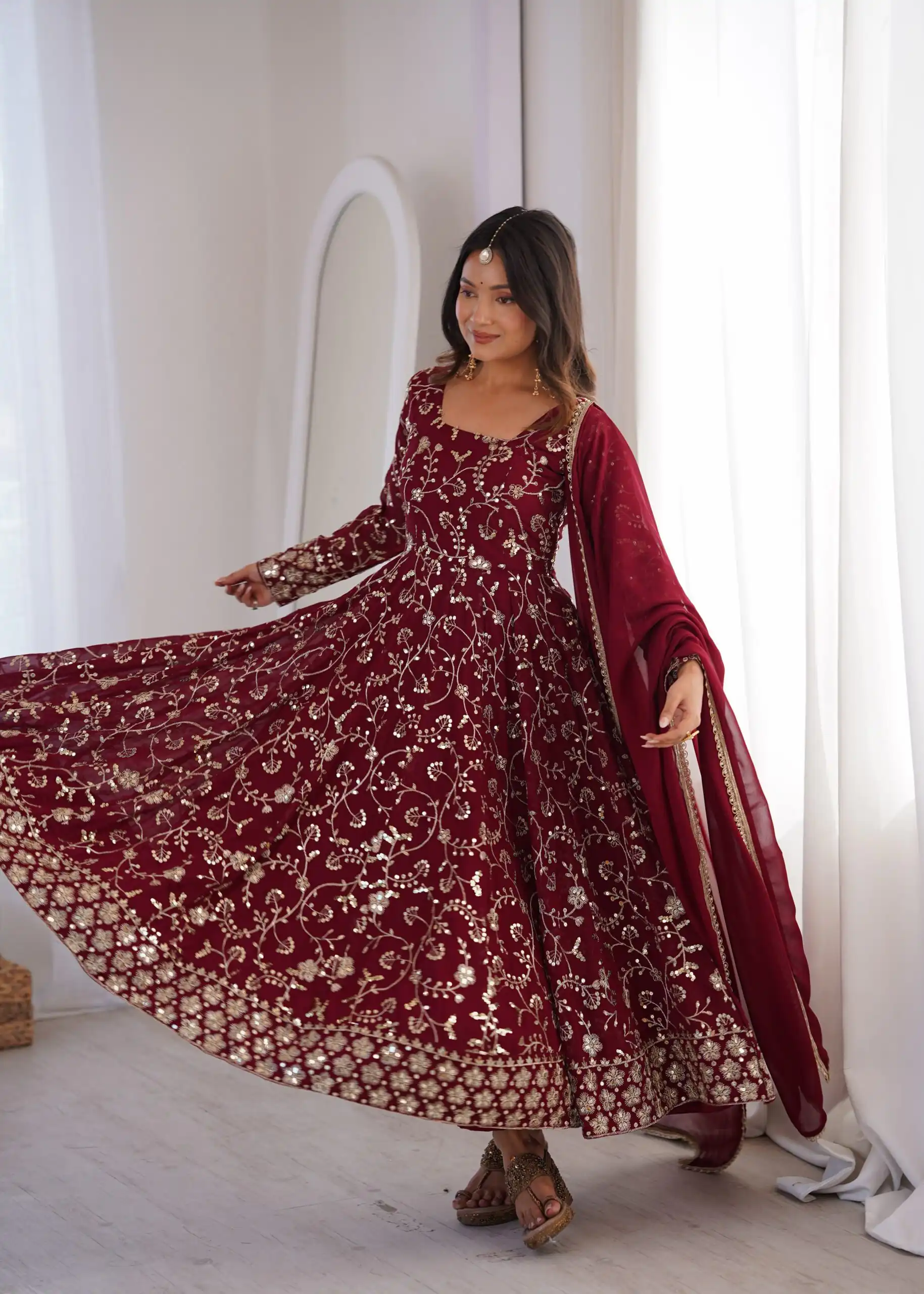 ZF 5024 Maroon Fox Perfect for Wedding, Party, Durga Puja, Diwali, Anniversary –Georgette Gown. Now at just ₹2399. Delivery 4-6 Working Days. Shop now. | Bollywood Gowns, Creative Gowns, Designer Gowns, Embroidered Gowns, Gowns, Party Wear Gowns