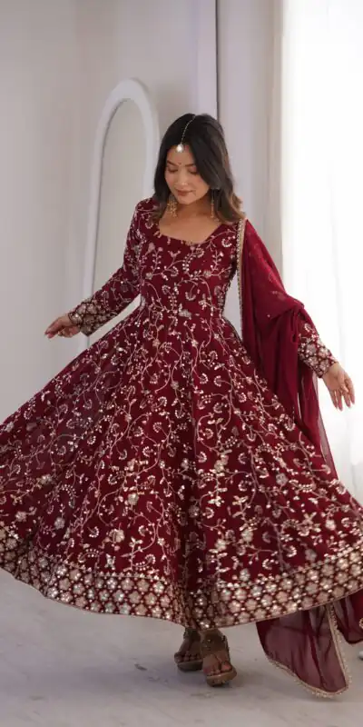 ZF 5024 Maroon Fox Perfect for Wedding, Party, Durga Puja, Diwali, Anniversary –Georgette Gown. Now at just ₹2399. Delivery 4-6 Working Days. Shop now. | Bollywood Gowns, Creative Gowns, Designer Gowns, Embroidered Gowns, Gowns, Party Wear Gowns