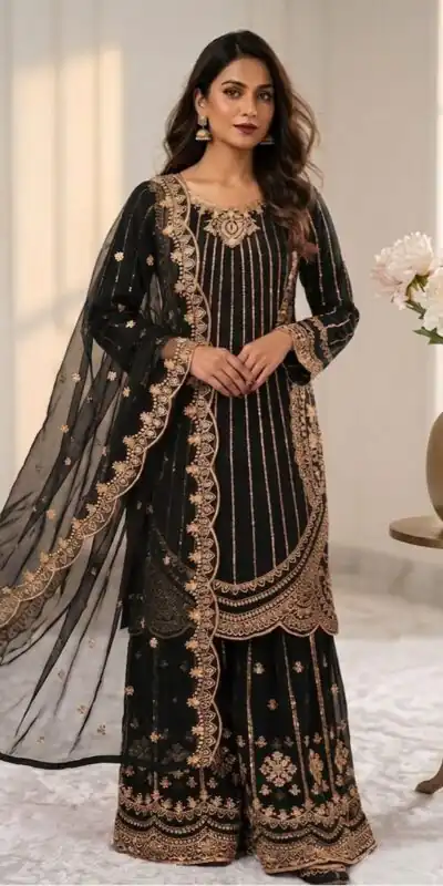 VLM 331 Black Faux Georgette Salwar Suit erfect for Wedding, Party, Mehendi, Pongal, Reception – . Available at ₹2449 only. Delivery 4-6 Working Days | Jump Suits, Straight Suits, Casual Suits, Creative suits, Designer Suits, Palazzo Suits, Party Wear Suits, Patiala Suits, Salwar suit