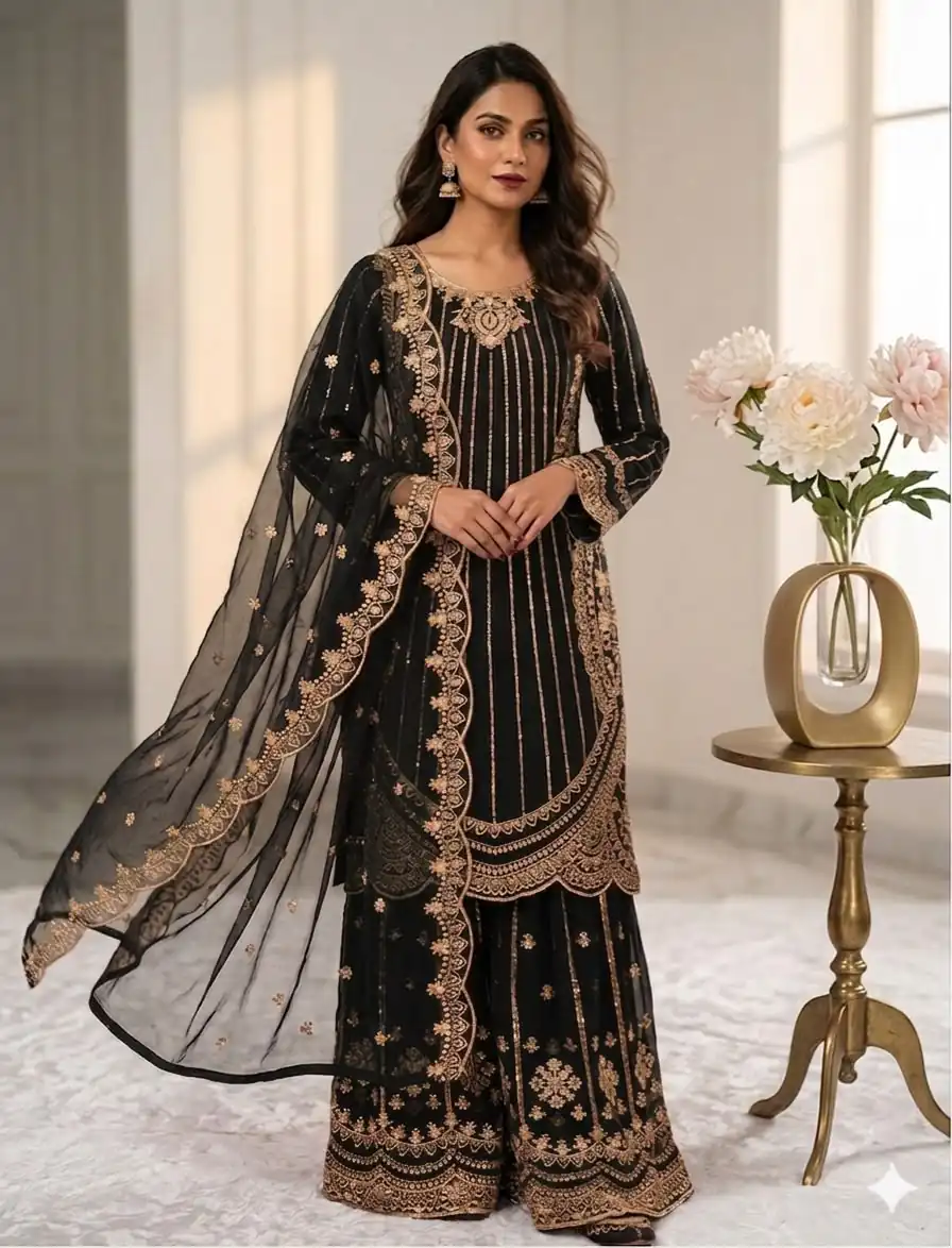 VLM 331 Black Faux Georgette Salwar Suit erfect for Wedding, Party, Mehendi, Pongal, Reception – . Available at ₹2449 only. Delivery 4-6 Working Days | Jump Suits, Straight Suits, Casual Suits, Creative suits, Designer Suits, Palazzo Suits, Party Wear Suits, Patiala Suits, Salwar suit