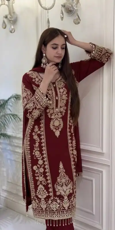 SRK 5365 Maroon Faux Georgette Salwar Suit erfect for Wedding, Party, Mehendi, Pongal, Reception – . Available at ₹2449 only. Delivery 4-6 Working Days | Jump Suits, Straight Suits, Casual Suits, Creative suits, Designer Suits, Palazzo Suits, Party Wear Suits, Patiala Suits, Salwar suit