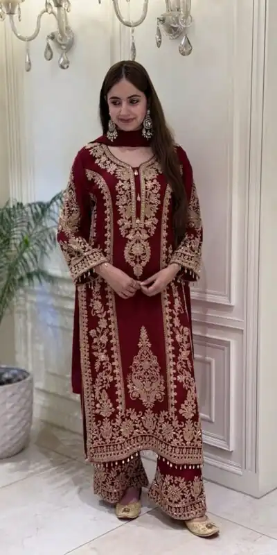 SRK 5365 Maroon Faux Georgette Salwar Suit erfect for Wedding, Party, Mehendi, Pongal, Reception – . Available at ₹2449 only. Delivery 4-6 Working Days | Jump Suits, Straight Suits, Casual Suits, Creative suits, Designer Suits, Palazzo Suits, Party Wear Suits, Patiala Suits, Salwar suit