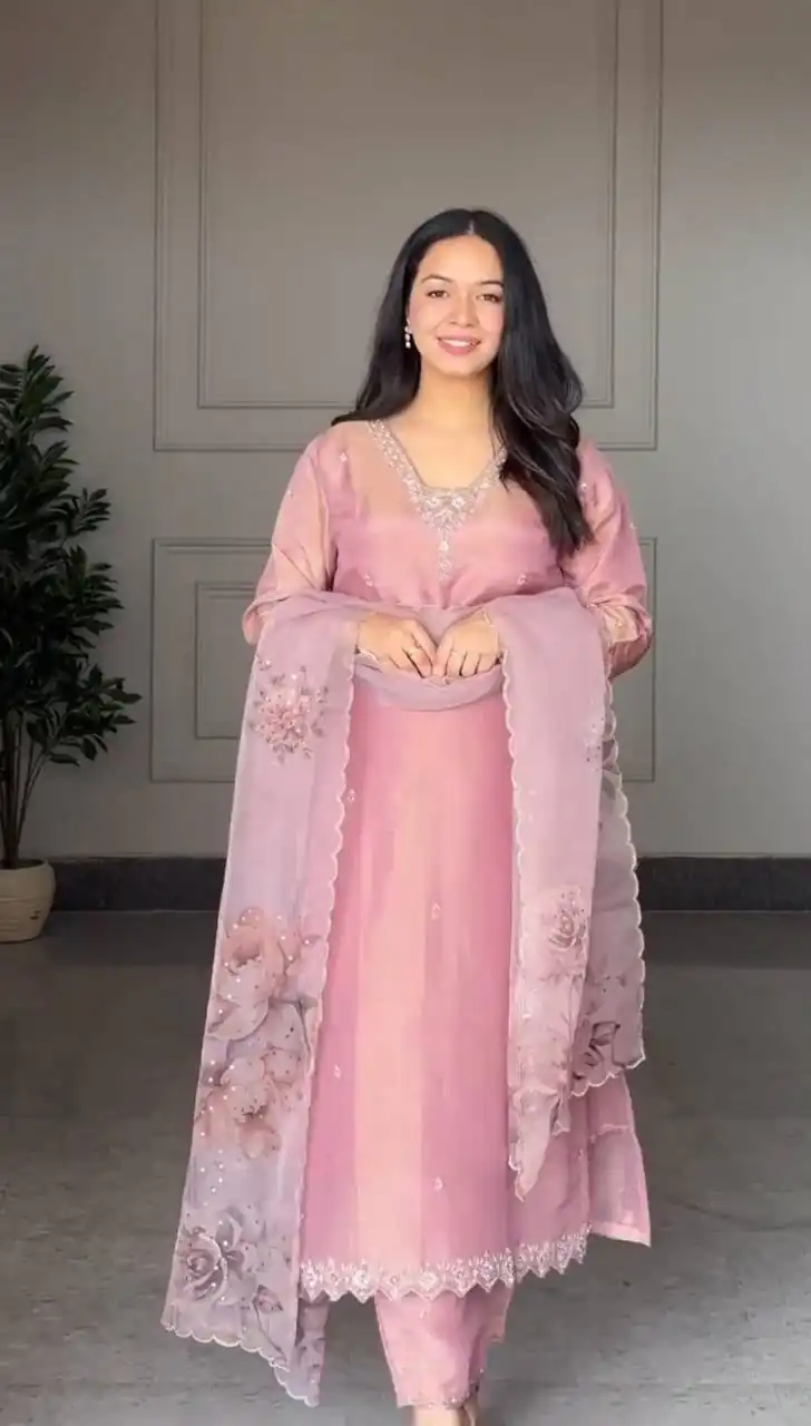 Classic Pink Natural Crap Sequence Work Salwar Suit - Image 3