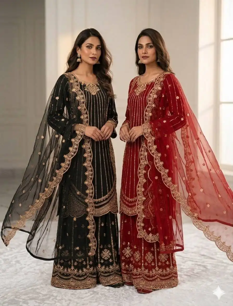 VLM 331 Red Faux Georgette Salwar Suit erfect for Wedding, Party, Mehendi, Pongal, Reception – . Available at ₹2449 only. Delivery 4-6 Working Days | Jump Suits, Straight Suits, Casual Suits, Creative suits, Designer Suits, Palazzo Suits, Party Wear Suits, Patiala Suits, Salwar suit