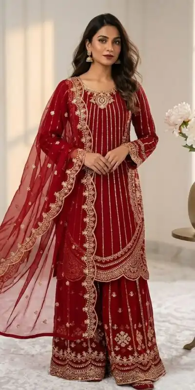 VLM 331 Red Faux Georgette Salwar Suit erfect for Wedding, Party, Mehendi, Pongal, Reception – . Available at ₹2449 only. Delivery 4-6 Working Days | Jump Suits, Straight Suits, Casual Suits, Creative suits, Designer Suits, Palazzo Suits, Party Wear Suits, Patiala Suits, Salwar suit