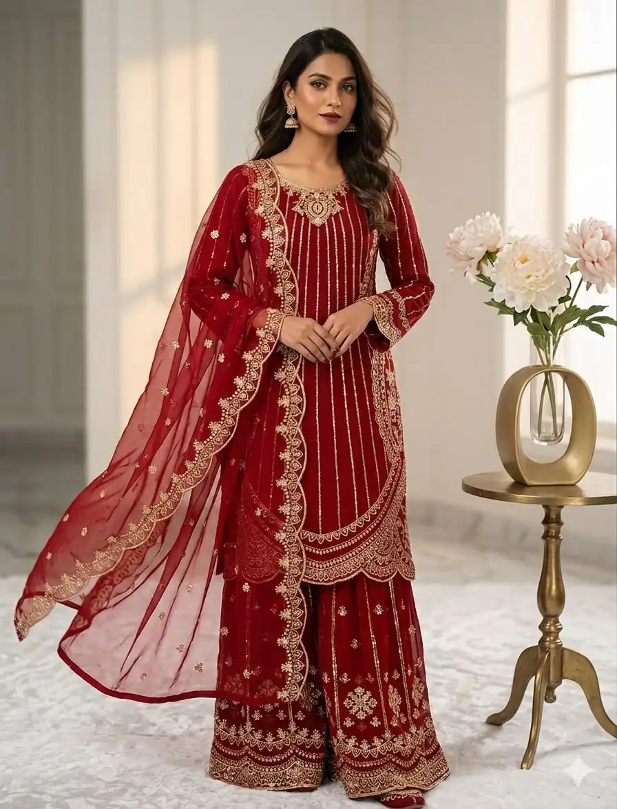 VLM 331 Red Faux Georgette Salwar Suit erfect for Wedding, Party, Mehendi, Pongal, Reception – . Available at ₹2449 only. Delivery 4-6 Working Days | Jump Suits, Straight Suits, Casual Suits, Creative suits, Designer Suits, Palazzo Suits, Party Wear Suits, Patiala Suits, Salwar suit
