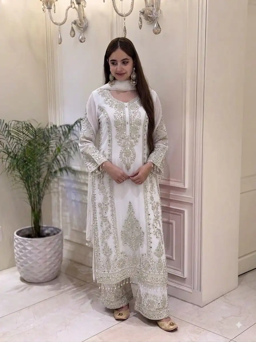 SRK 5365 White Faux Georgette Salwar Suit erfect for Wedding, Party, Mehendi, Pongal, Reception – . Available at ₹2449 only. Delivery 4-6 Working Days | Jump Suits, Straight Suits, Casual Suits, Creative suits, Designer Suits, Palazzo Suits, Party Wear Suits, Patiala Suits, Salwar suit