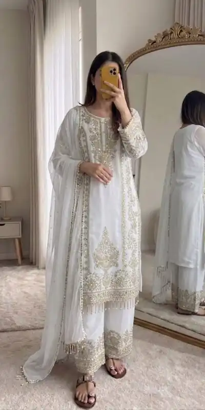 SRK 5365 White Faux Georgette Salwar Suit erfect for Wedding, Party, Mehendi, Pongal, Reception – . Available at ₹2449 only. Delivery 4-6 Working Days | Jump Suits, Straight Suits, Casual Suits, Creative suits, Designer Suits, Palazzo Suits, Party Wear Suits, Patiala Suits, Salwar suit