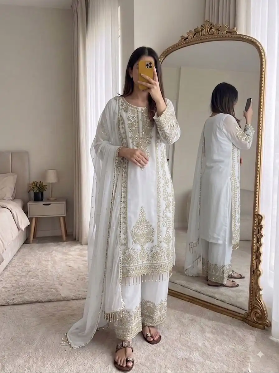 SRK 5365 White Faux Georgette Salwar Suit erfect for Wedding, Party, Mehendi, Pongal, Reception – . Available at ₹2449 only. Delivery 4-6 Working Days | Jump Suits, Straight Suits, Casual Suits, Creative suits, Designer Suits, Palazzo Suits, Party Wear Suits, Patiala Suits, Salwar suit