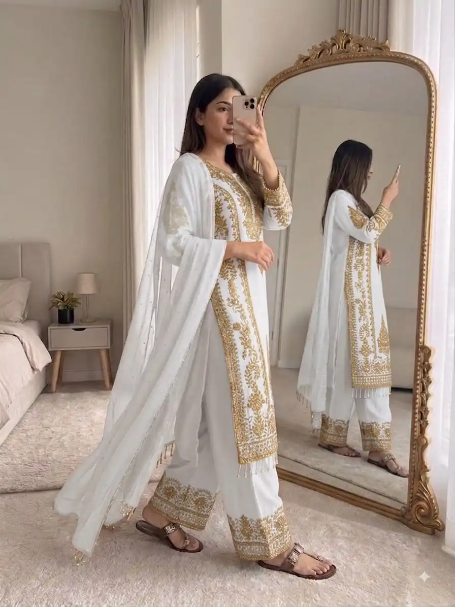 SRK 5365 White Faux Georgette Salwar Suit erfect for Wedding, Party, Mehendi, Pongal, Reception – . Available at ₹2449 only. Delivery 4-6 Working Days | Jump Suits, Straight Suits, Casual Suits, Creative suits, Designer Suits, Palazzo Suits, Party Wear Suits, Patiala Suits, Salwar suit