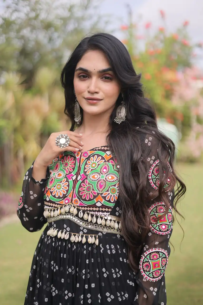 KA 1268 Black in Colour Faux Georgette Bandhani Print Work Gown. Available at ₹2119 only. Delivery 4-6 Working Days. Shop now. | Bollywood Gowns, Creative Gowns, Designer Gowns, Embroidered Gowns, Gowns, Party Wear Gowns