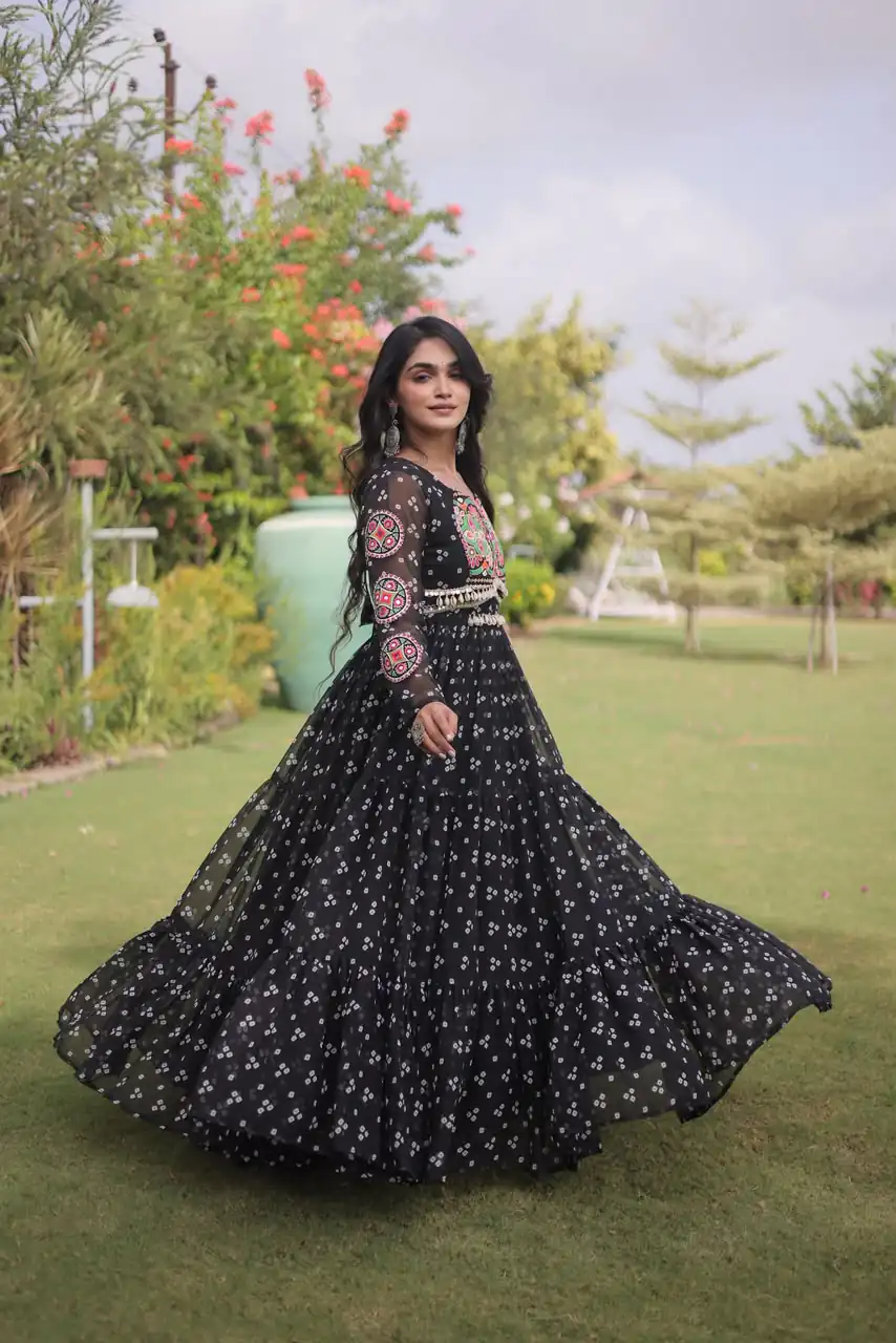 KA 1268 Black in Colour Faux Georgette Bandhani Print Work Gown. Available at ₹2119 only. Delivery 4-6 Working Days. Shop now. | Bollywood Gowns, Creative Gowns, Designer Gowns, Embroidered Gowns, Gowns, Party Wear Gowns