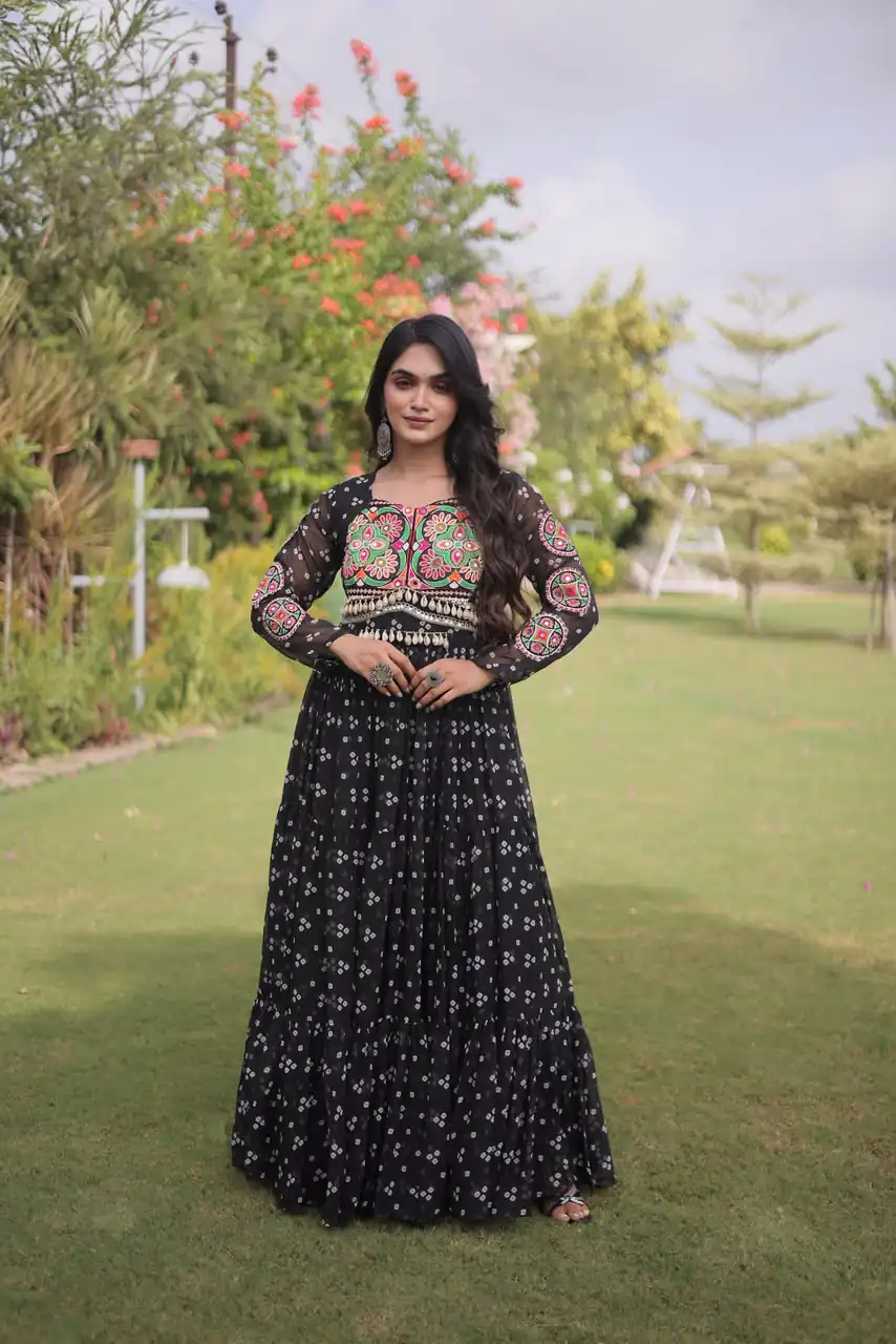 KA 1268 Black in Colour Faux Georgette Bandhani Print Work Gown. Available at ₹2119 only. Delivery 4-6 Working Days. Shop now. | Bollywood Gowns, Creative Gowns, Designer Gowns, Embroidered Gowns, Gowns, Party Wear Gowns